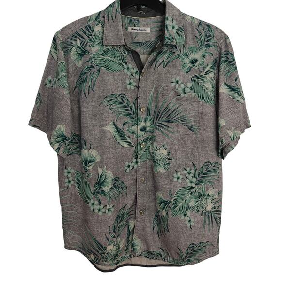 Tommy Bahama Silk Hawaiian Shirt Mens Size Large Floral Palm Leaves Beach Aloha - Picture 1 of 7